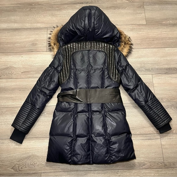 Rudsak navy down winter coat with leather waistband and details - Picture 5 of 16